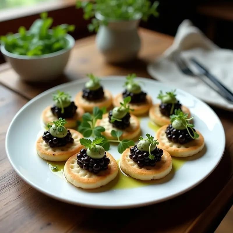 Blinien con Caviar de Berenjena y Crema de Eneldo: Receta Rusa Vegana para Canapés