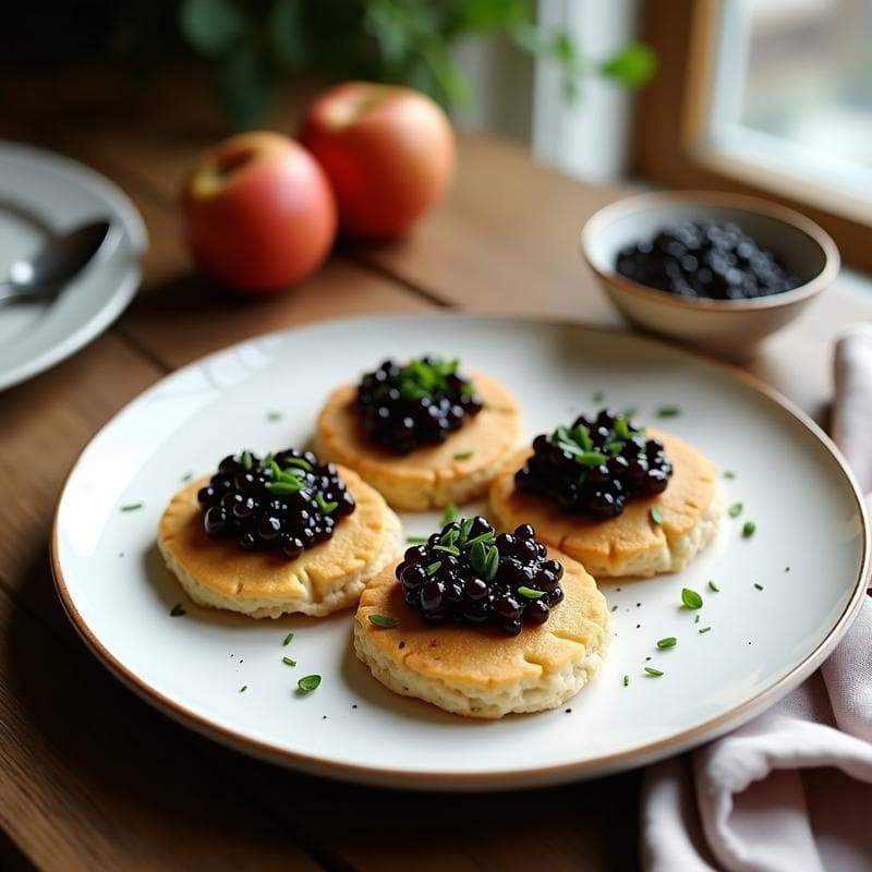 Blinis de Avena y Semillas de Chía con Caviar de Berenjena Ahumada: Receta Rusa Vegana