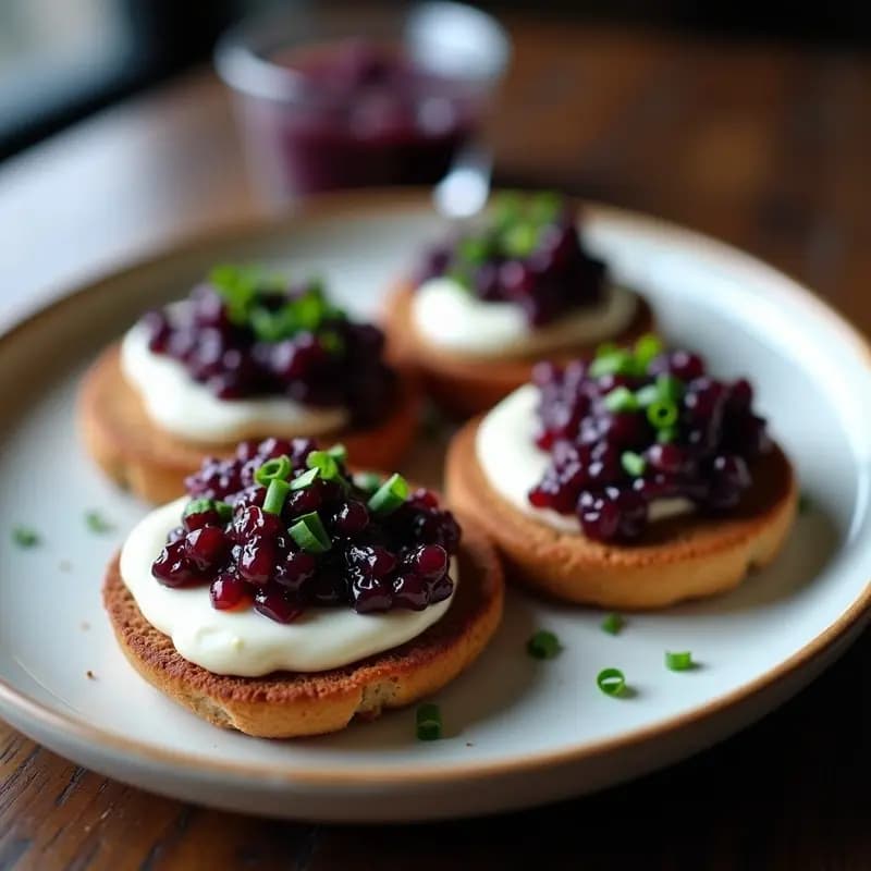 Blinis de Centeno con Caviar de Berenjena y Crema Agria Vegana