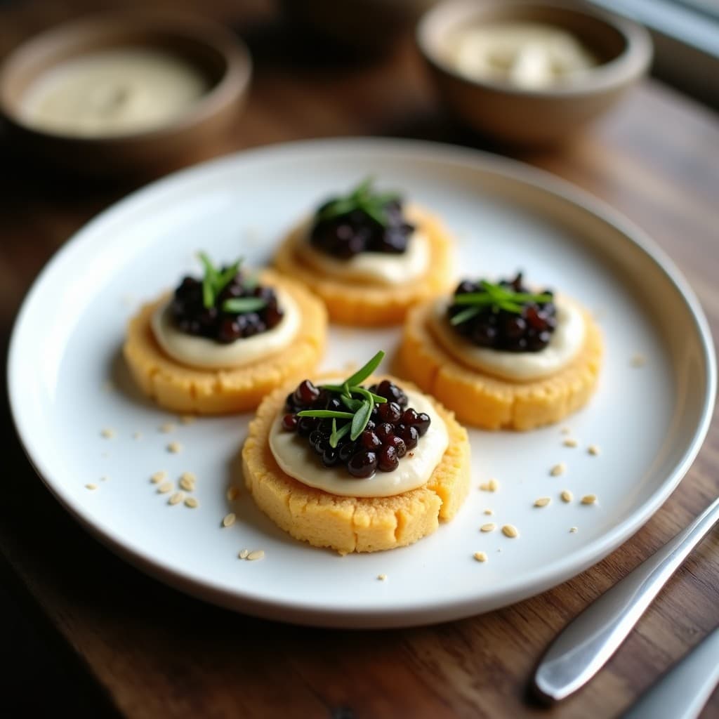 Blinis de Garbanzo con Caviar de Berenjena y Crema de Tahini: Entrante ruso-vegano