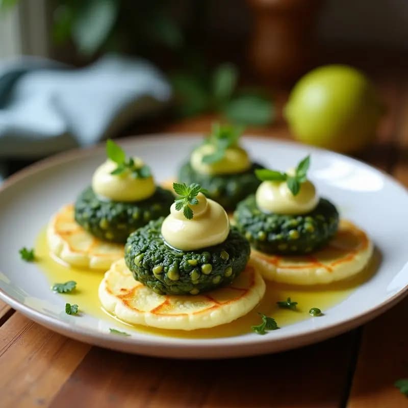 Blinis de Garbanzo y Espirulina: Receta Rusa Vegana con Crema de Eneldo y Limón