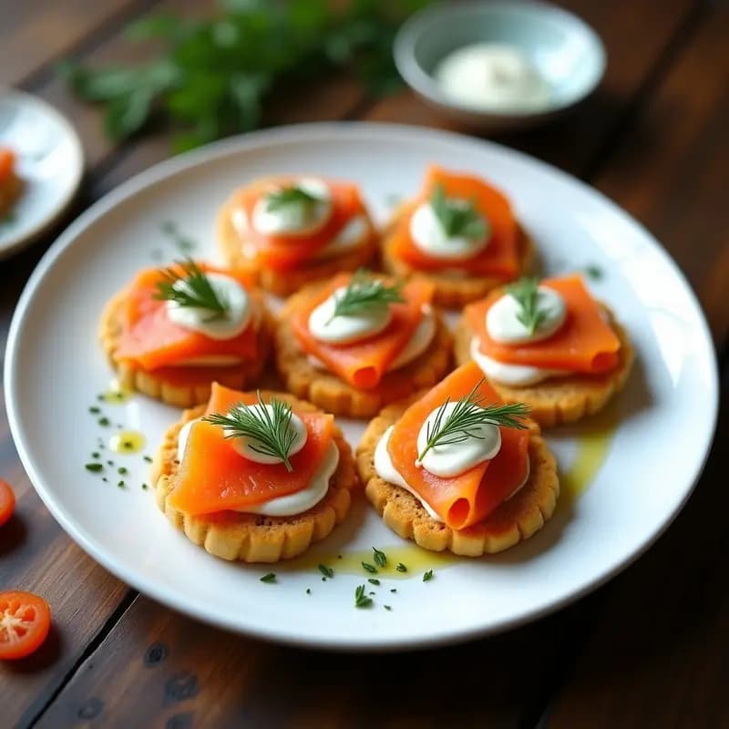 Blinis de Garbanzo con Smoked Salmon Vegano y Crema de Eneldo: Entrante Ruso Fusion