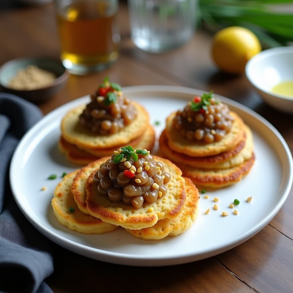 Blinis de Harina de Garbanzo con Caviar de Berenjena: AperitivoRAPIDO Vegano y Sin Gluten