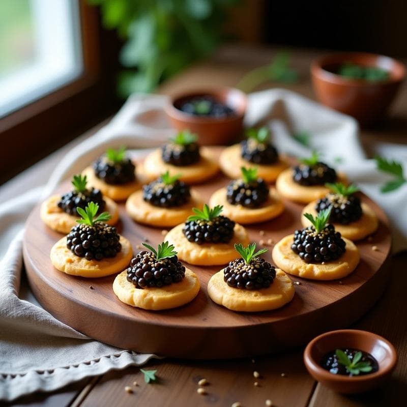 Blinis de Harina de Garbanzo con Caviar de Lentejas: Aperitivo Ruso Vegano