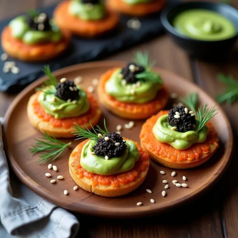 Blinis de Lentejas Rojas con Crema de Aguacate y Huevas de Salmón: Entrante Ruso Vegano y Gourmet