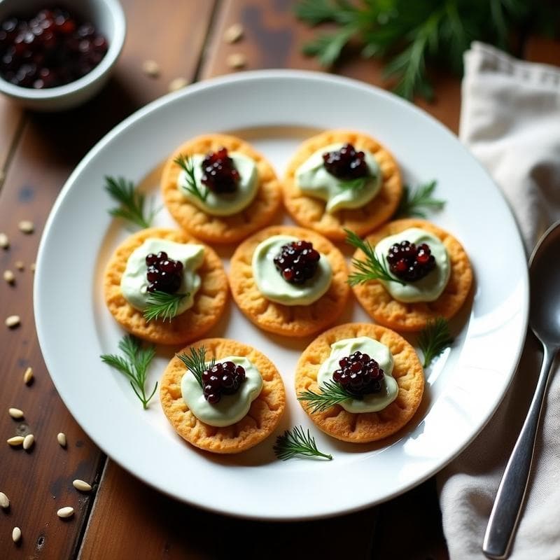 Blinis de Lino con Caviar de Berenjena y Crema de Eneldo: Aperitivo Keto Sin Horno