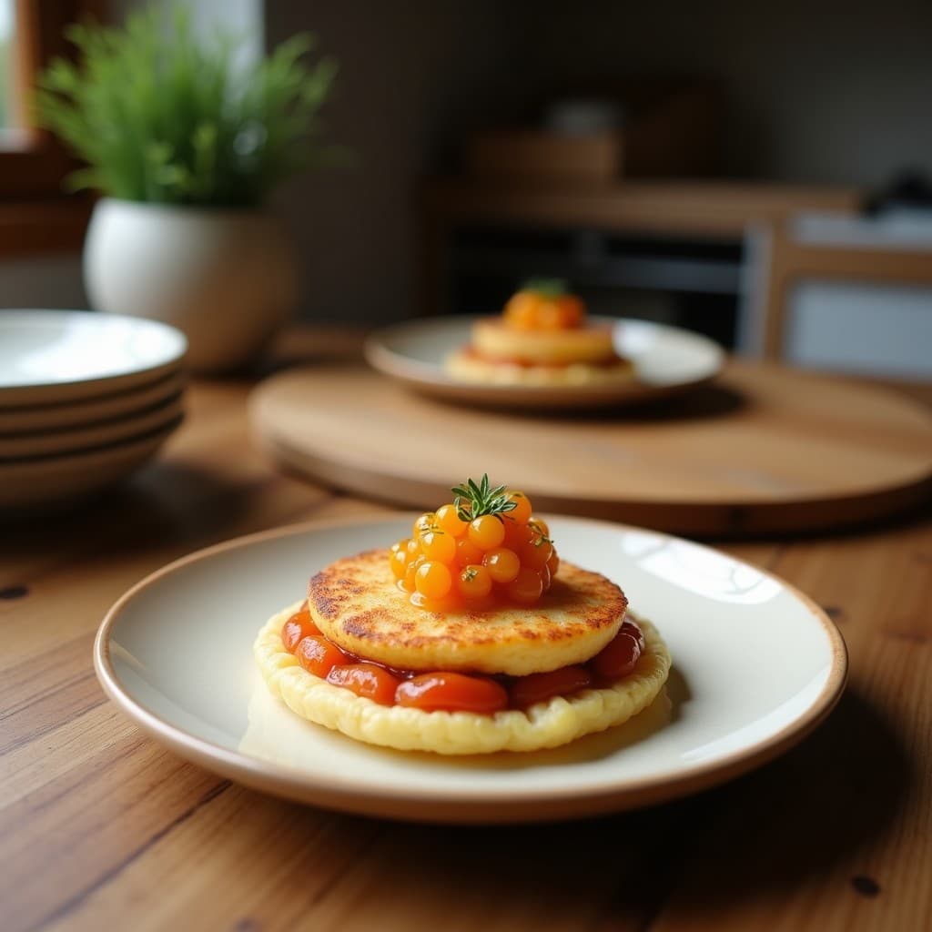 Blinis de Harina de Teff con Caviar de Pimiento Asado: Aperitivo Etíope Vegano en 20 Minutos