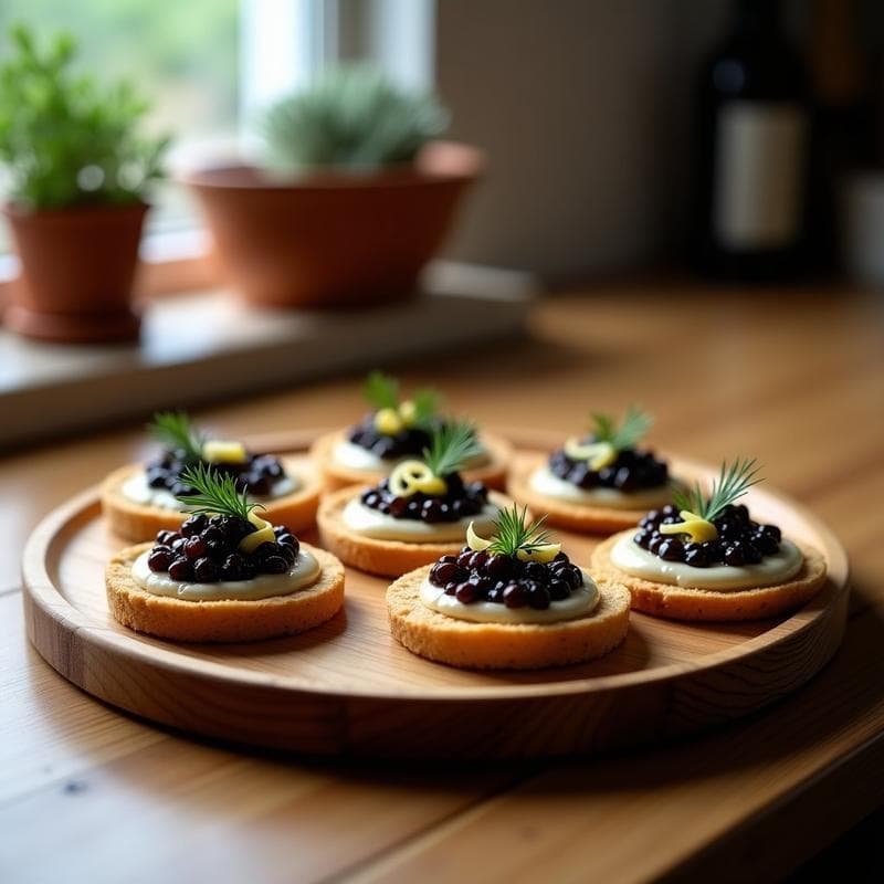 Blinis de Trigo Sarraceno con Caviar de Berenjena y Crema de Ajo Negro: Aperitivo Ruso Gourmet
