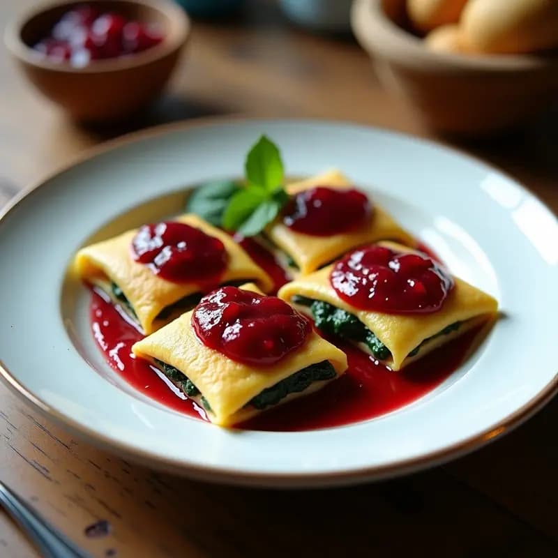 Blintzes de Espinacas y Queso de Anacardos con Salsa de Arándanos: Receta Judía-Ashkenazi Vegana