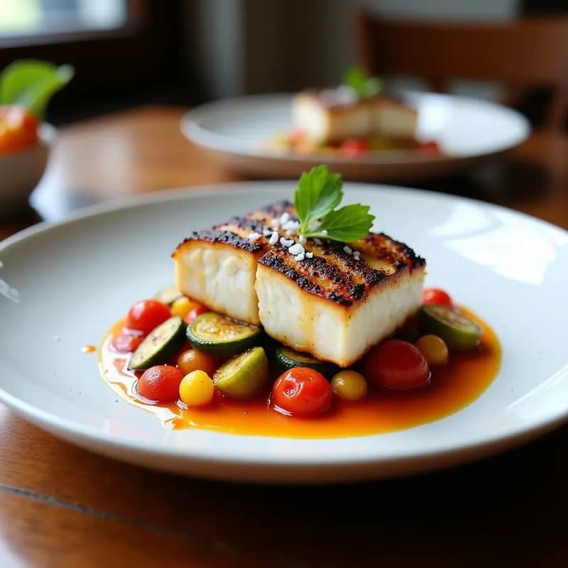 Bllo de Pez Espada con Pisto Manchego y Aceite de Romesco: Receta Española de Alta Cocina