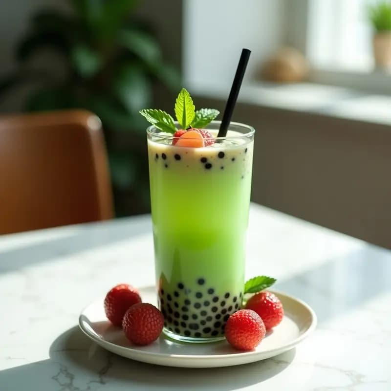 Boba de Té Verde y Litchi: Bebida Taiwánesa Sin Lactosa con Burbujas de Chía