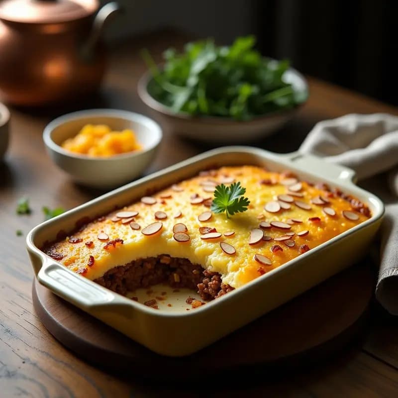 Bobotie Sudafricano: Pastel de Carne con Curri y Huevo Batido al Horno
