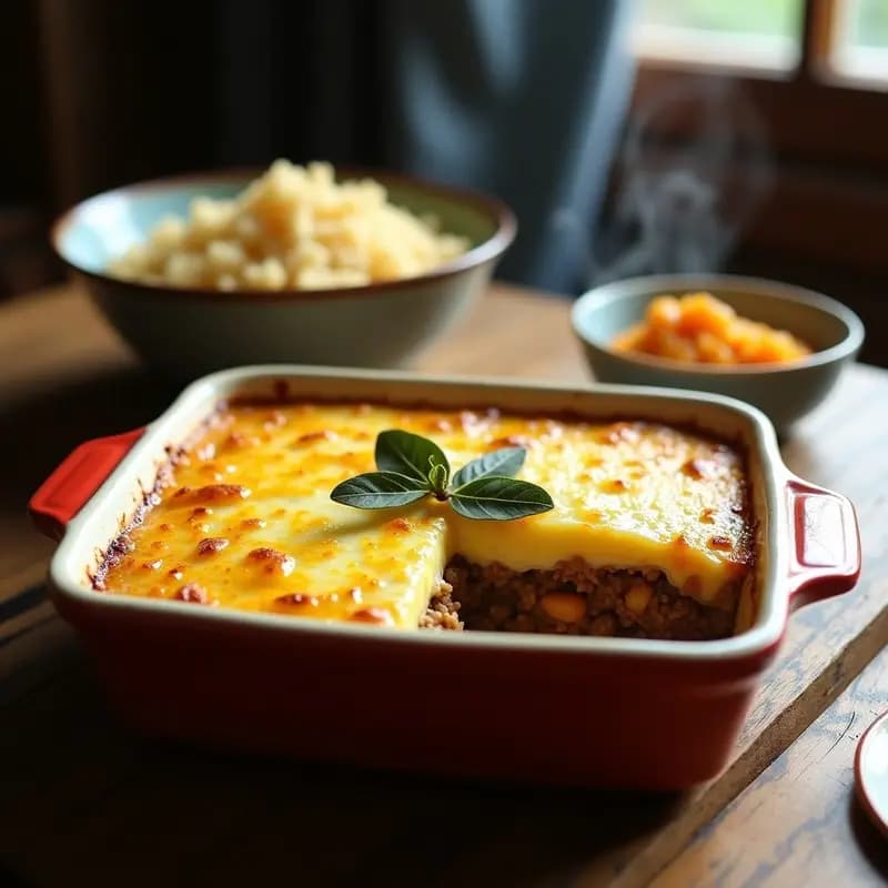 Bobotie Sudafricano con Carne Picada y Curri: Pastel de Carne Especiado con Bayas de Ciprés