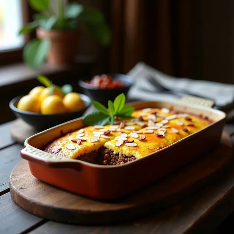 Bobotie Sudafricano con Curria y Hojas de Bayas: Plato de Carne Picada y Fruta al Horno