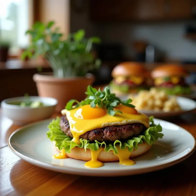 Bocadillo de Hamburguesa con Aguacate, Huevos Fritos y Salsa de Queso Cheddar: Desayuno de Campeones