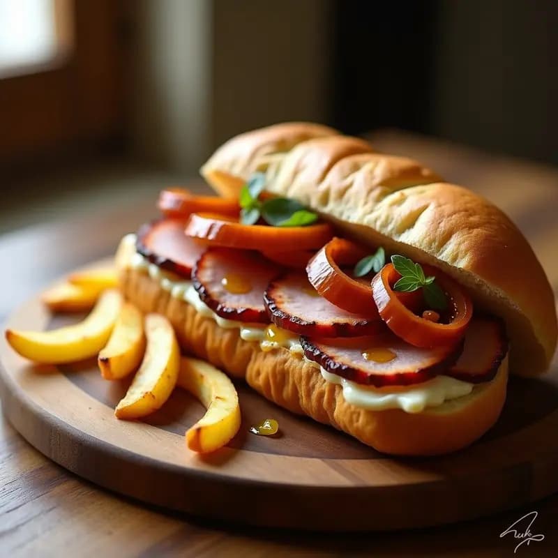 Bocadillo de Lomo Adobado con Queso de Cabra, Caramelo de Cebolla y Patatas Crujientes: Sabores Andaluces en Pan Ciabatta