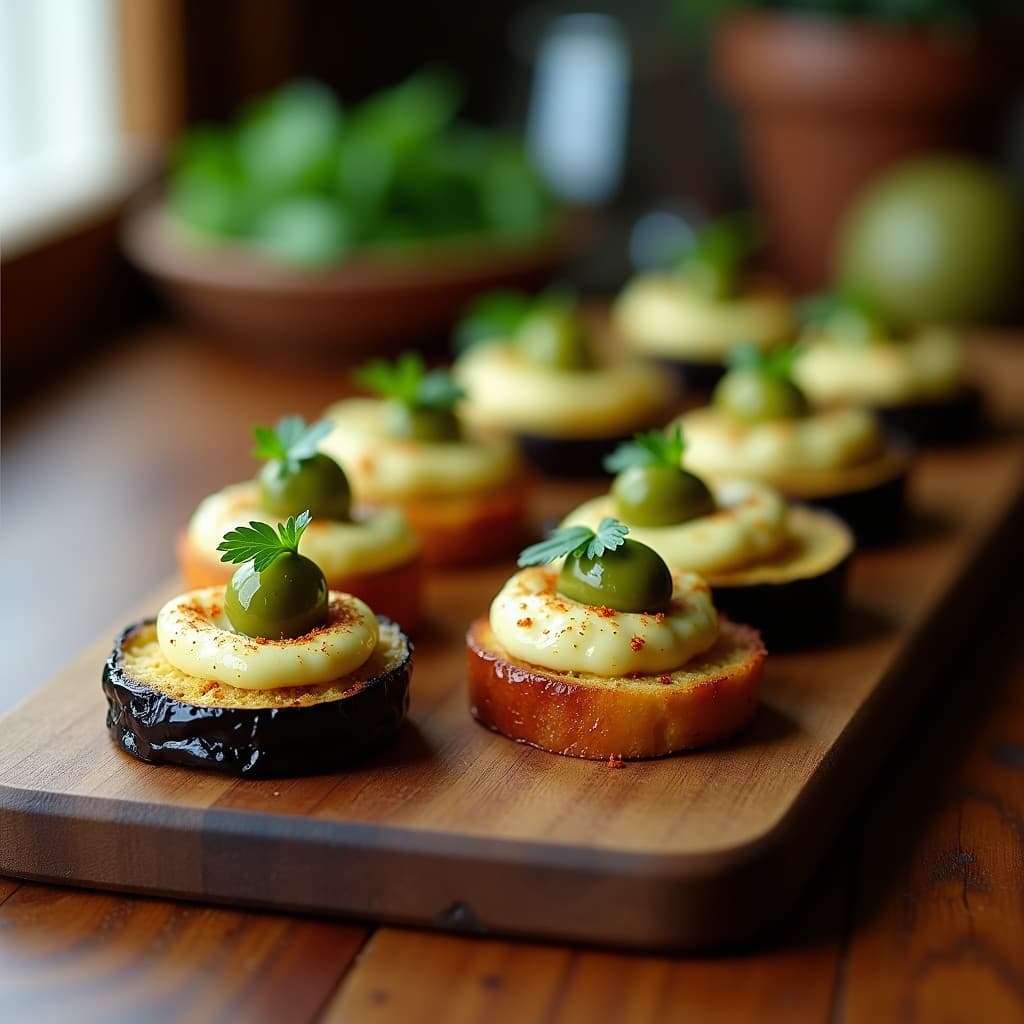 Bocaditos de Berenjena Asada con Paté de Aceitunas Verdes y Almendras: Receta Española Sin Aceite