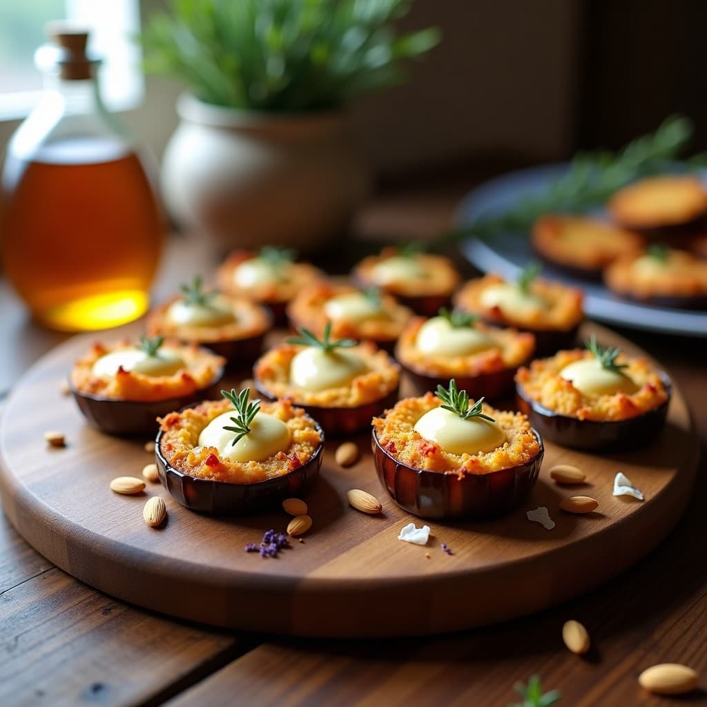 Bocaditos de Berenjena y Queso de Cabra: Aperitivo Francés en Airfryer con Miel de Lavanda