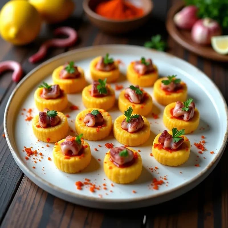 Bocaditos de Polenta Crujiente con Topping de Pulpo a la Gallega y Pimentón: Aperitivo Español Innovador