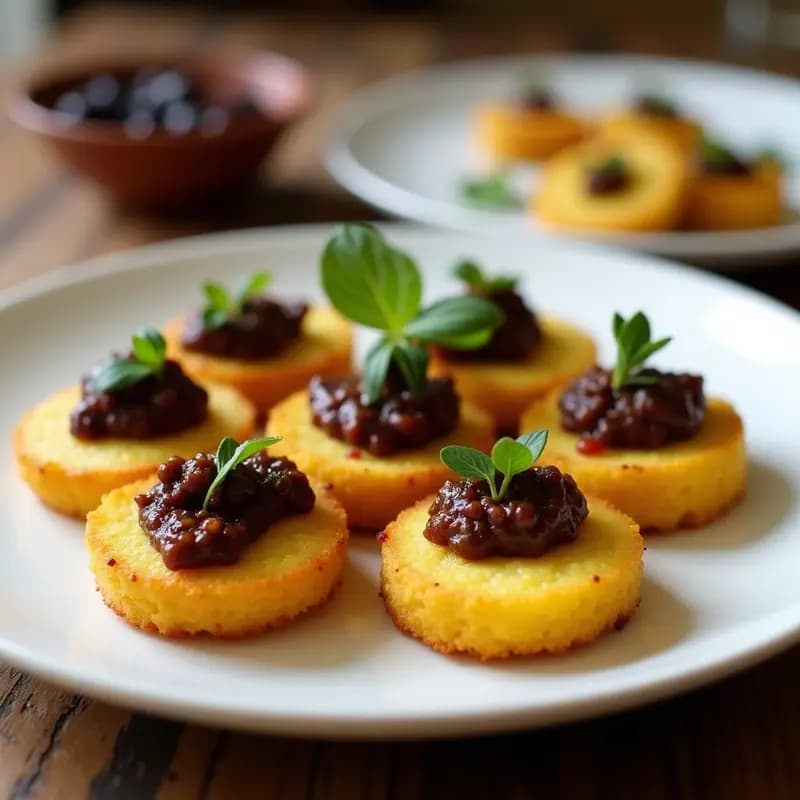 Bocaditos de Polenta Crujiente con Tapena de Aceitunas Kalamata: Aperitivo Griego Sin Gluten