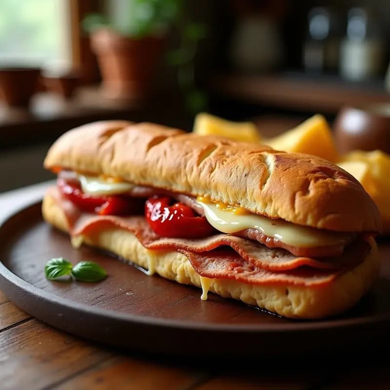 Bocata de Lomo Embuchado, Queso Manchego y Pimientos Asados: Sandwich Español de Autor