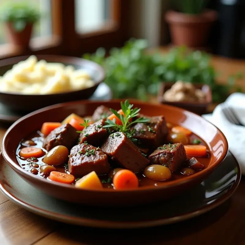 Bœuf Bourguignon con Champiñones y Cebollitas Perlitas: Receta Francesa en Olla Lenta