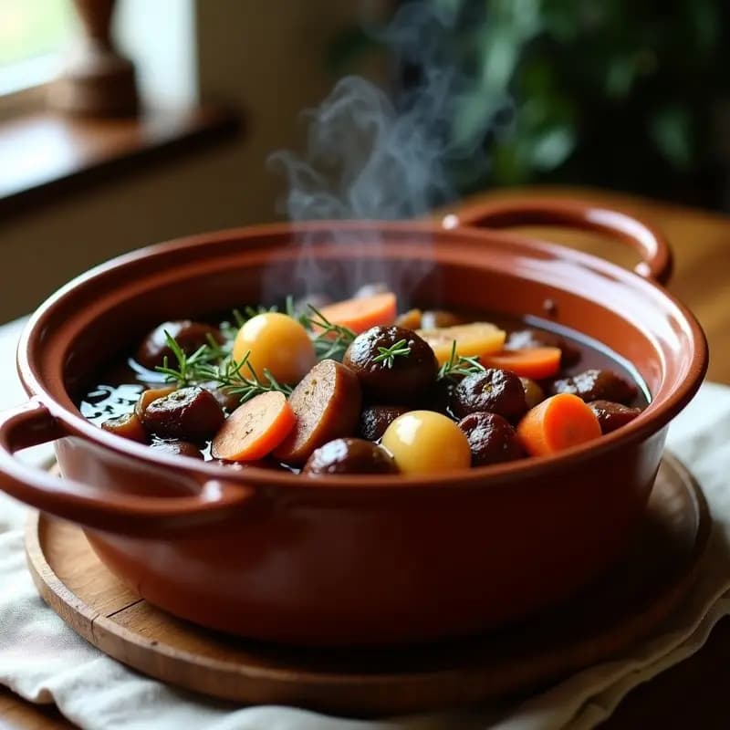 Bœuf à la Bourguignonne Vegano: Estofado Francés con Hongos y Vino Tinto Sin Carne