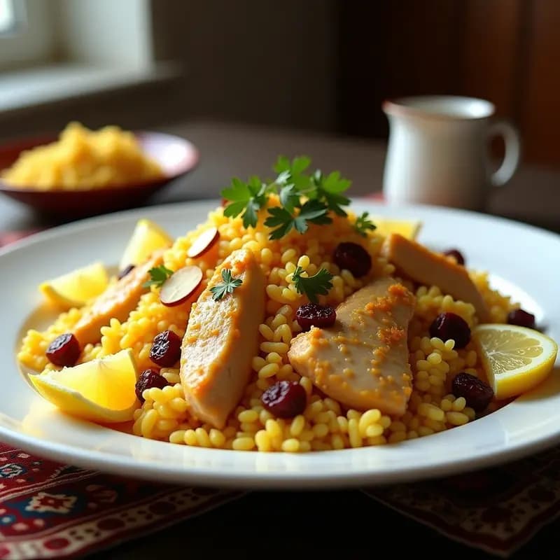 Böhreiç Iraní con Arroz Basmati y Azafrán: Plato Festivo con Pollo y Pasas
