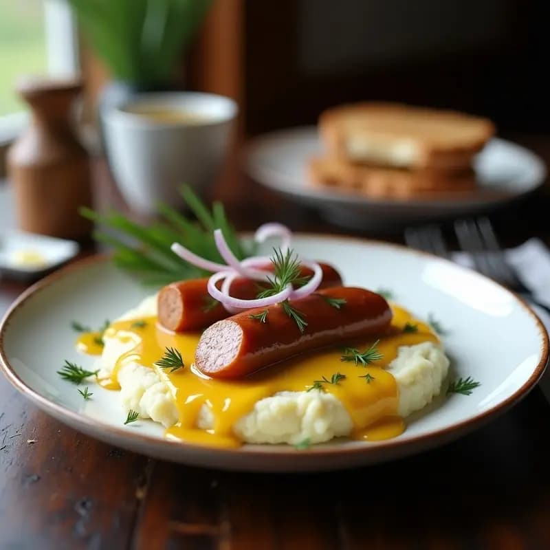 Bohuslänsk Korv Sueca: Salchicha Tradicional con Puré de Patatas y Salsa de Mostaza