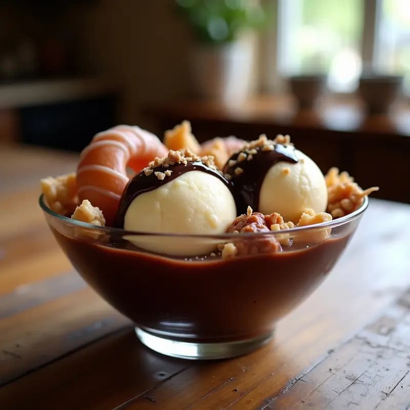 Bol de Helado con Donuts Troceados, Salsa de Chocolate y Frutos Secos: Postre para Compartir