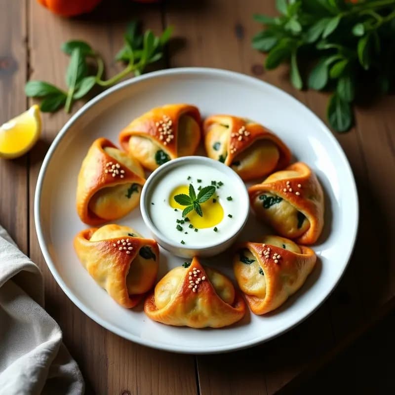 Bolani Afgano de espinacas y calabaza con salsa de yogur: aperitivo crujiente y vegano