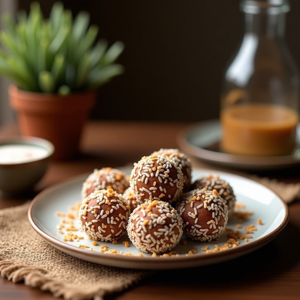 Bolas de Dátiles y Coco con Nucleo de Crema de Cacahuete: Energía Pura en Snack Vegano