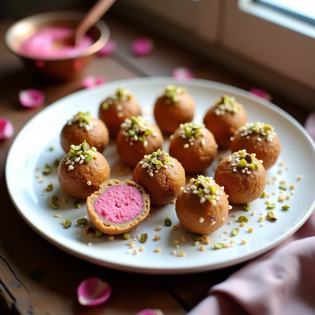 Bolas de Dátiles y Pistacho con Relleno de Pasta de Rosa: Snack Persa Energético Sin Horno
