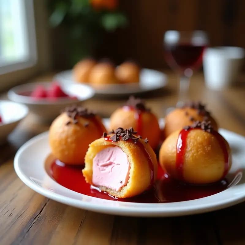Bolas de Gozo Fritas Rellenas de Helado de Stracciatella y Salsa de Frambuesa: Explosión de Texturas en Boca