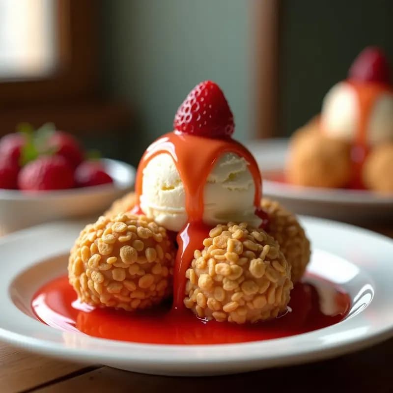 Bolas de Helado de Vainilla Empanizadas con Cereales de Desayuno y Sirope de Fresa: Postre Crujiente y Fresco