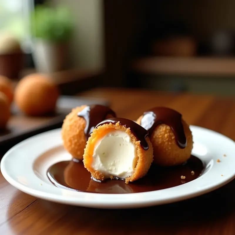Bolas de Helado de Vainilla Empanizadas: Fritas al Momento con Salsa de Chocolate Caliente