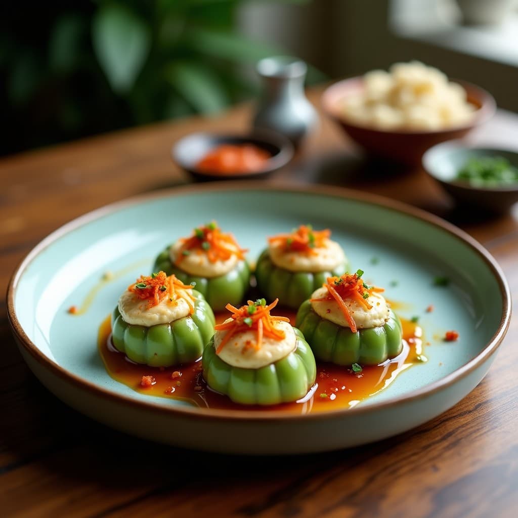Bolas de Melón Amargo Rellenas de Tofu Especiado: Aperitivo Chino Vegano y Crujiente