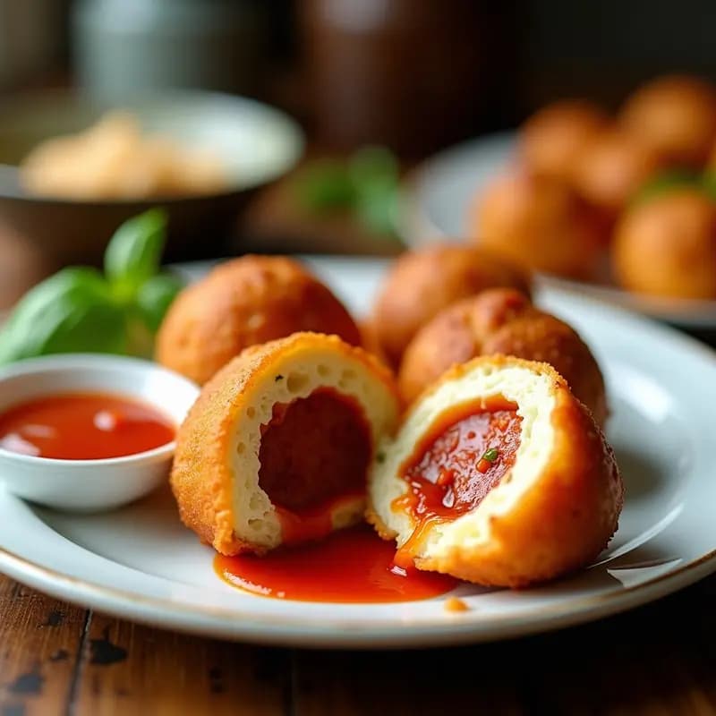 Bolas de Mozzarella Fritas Rellenas de Pepperoni y Queso Azul con Salsa de Tomate Picante: Explosión de Queso en Cada Bocado
