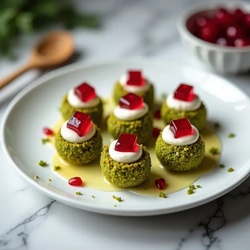 Bolas de Queso de Cabra y Pistacho con Gelée de Granadina: Postre Francés Sin Horno en 15 Minutos