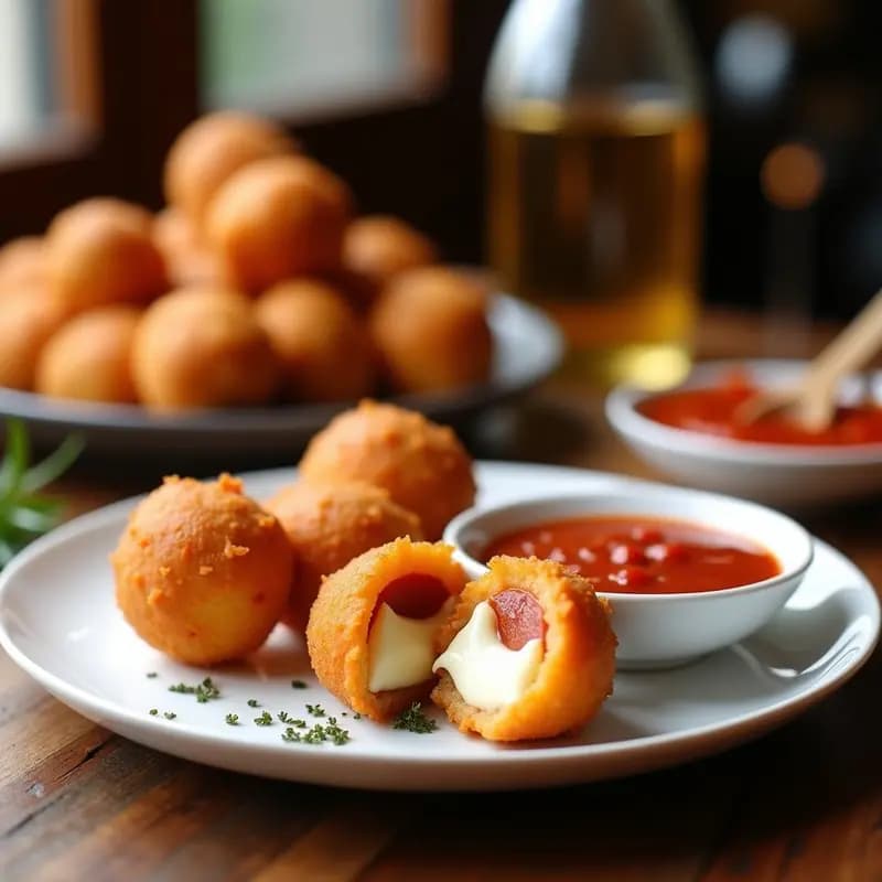 Bolas de Queso Fritas con Relleno de Pepperoni y Salsa de Marinara Picante: Aperitivo para Fiestas