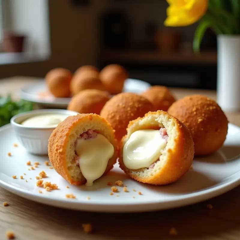 Bolas de Queso Fritas Rellenas de Salsa Alfredo y Jamón: El Aperitivo Más Adictivo