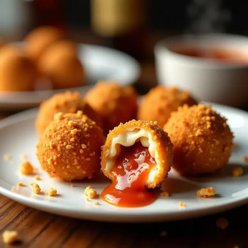 Bolas de Queso Mozzarella Rellenas de Pepperoni y Salsa de Tomate: Aperitivo que Estalla en el Paladar