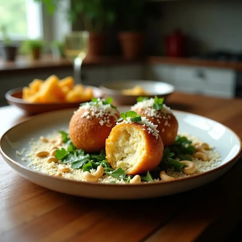 Bolitas de Queso de Anacardos y Cilantro con Crujiente de Coco: Aperitivo Tailandés Vegano
