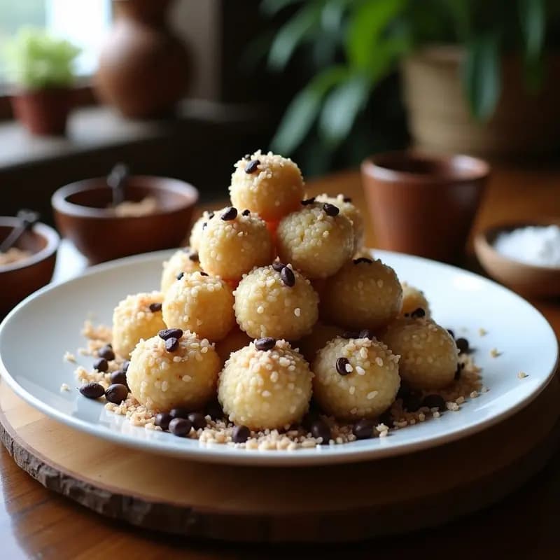 Bolitas de Arroz Inflado con Pasta de Algarroba y Coco Rallado