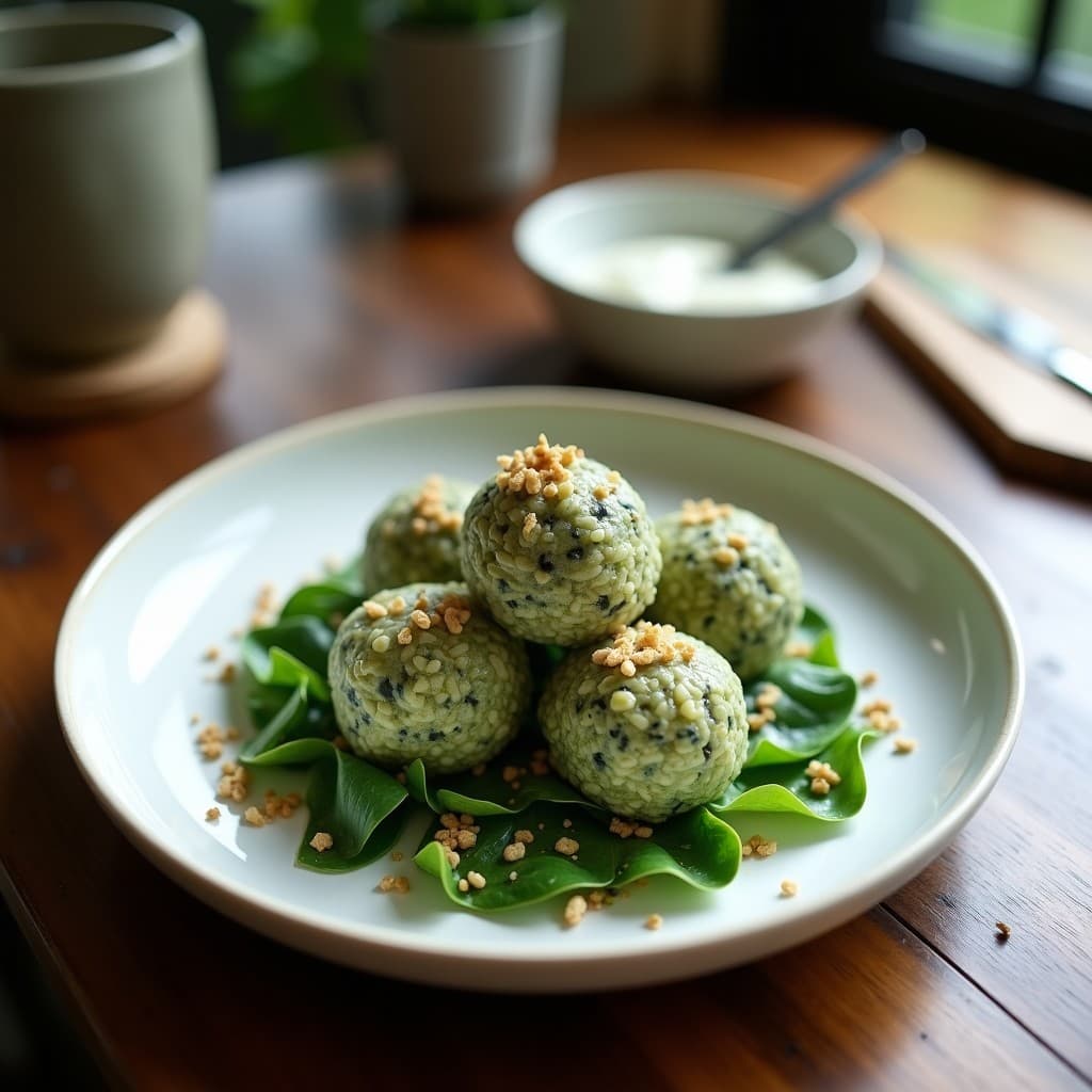 Bolitas de Arroz Salvaje y Espirulina con Salsa de Yogur de Coco: Aperitivo Vegano y Alto en Hierro
