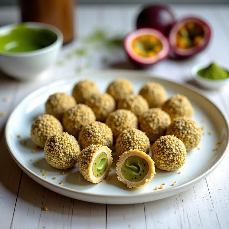 Bolitas de Chía y Matcha con Relleno de Maracuyá: Postre Superfood Raw