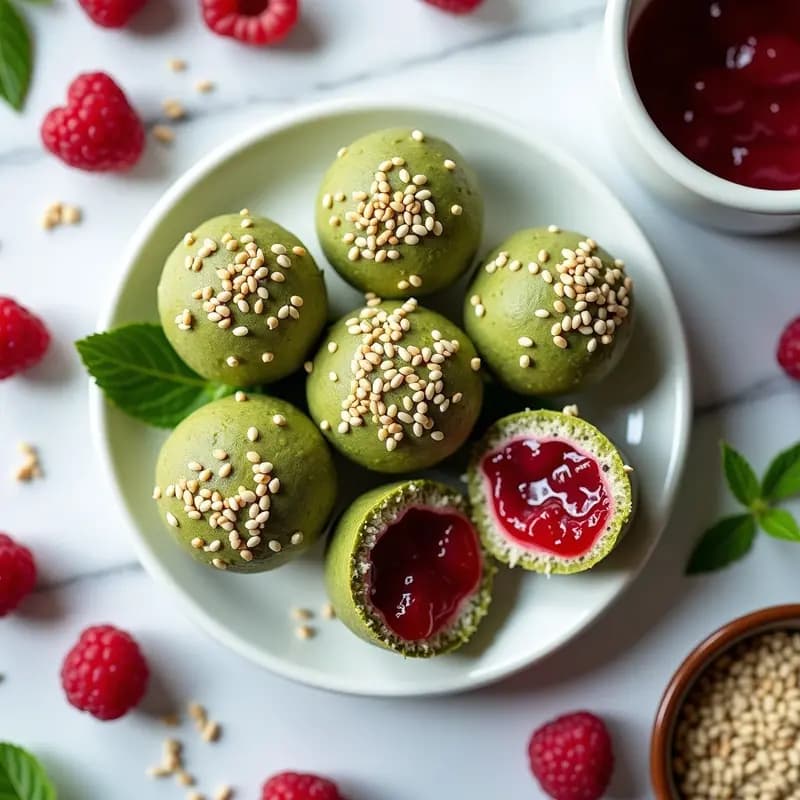 Bolitas de Chía y Matcha con Relleno de Mermelada de Frambuesa: Snack Antioxidante