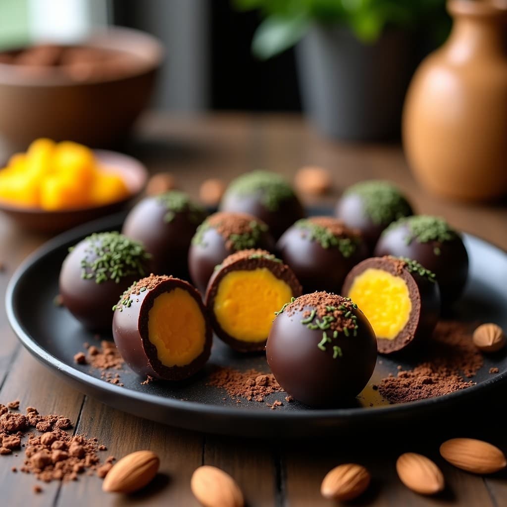 Bolitas de Chocolate y Espirulina con Relleno de Mango Liofilizado: Snack Energético Sin Azúcar