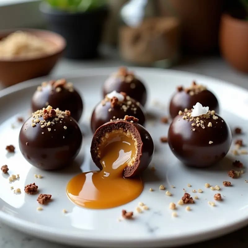 Bolitas de Chocolate y Quinoa Inflada con Relleno Líquido de Caramelo Salado: Snack Adictivo