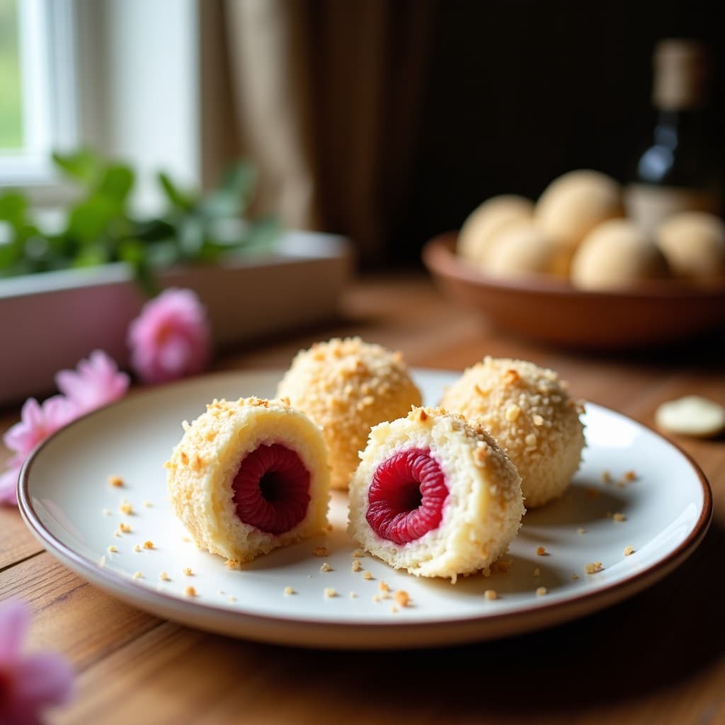 Bolitas de Coco y Almendras con Relleno de Mermelada de Frambuesa: Postre Crudo y Sin Azúcar